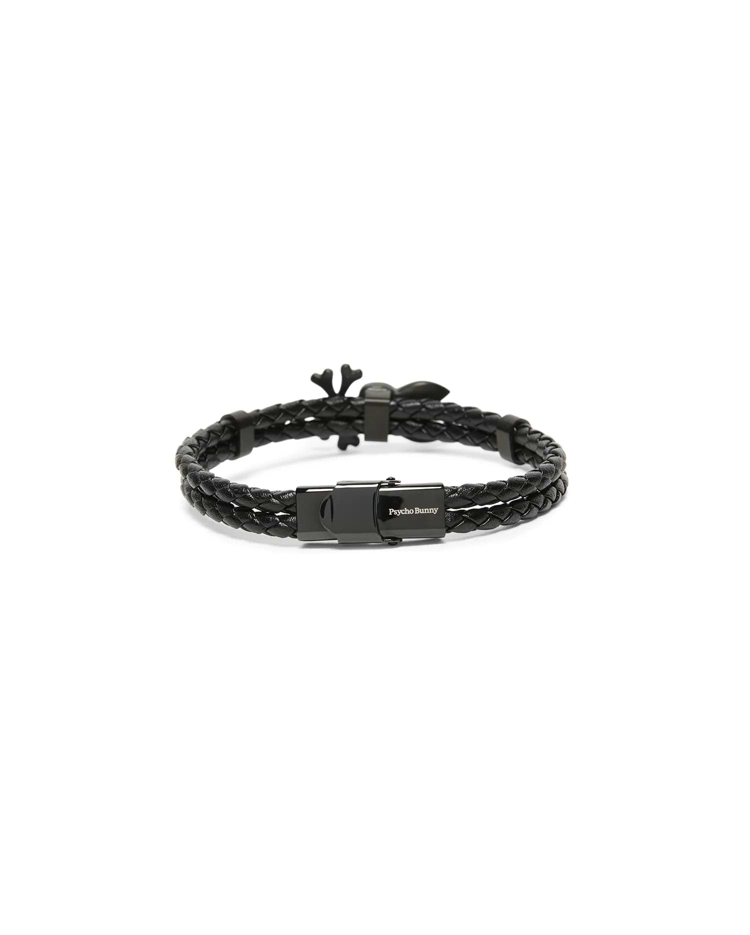 Mens Braided Bunny Pu Bracelet, a black double-strand braided PU leather bracelet with a black metal clasp featuring the white Psycho Bunny text logo and a black bunny skull charm. (2)