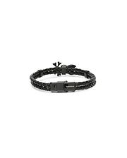 Mens Braided Bunny Pu Bracelet, a black double-strand braided PU leather bracelet with a black metal clasp featuring the white Psycho Bunny text logo and a black bunny skull charm. (2)