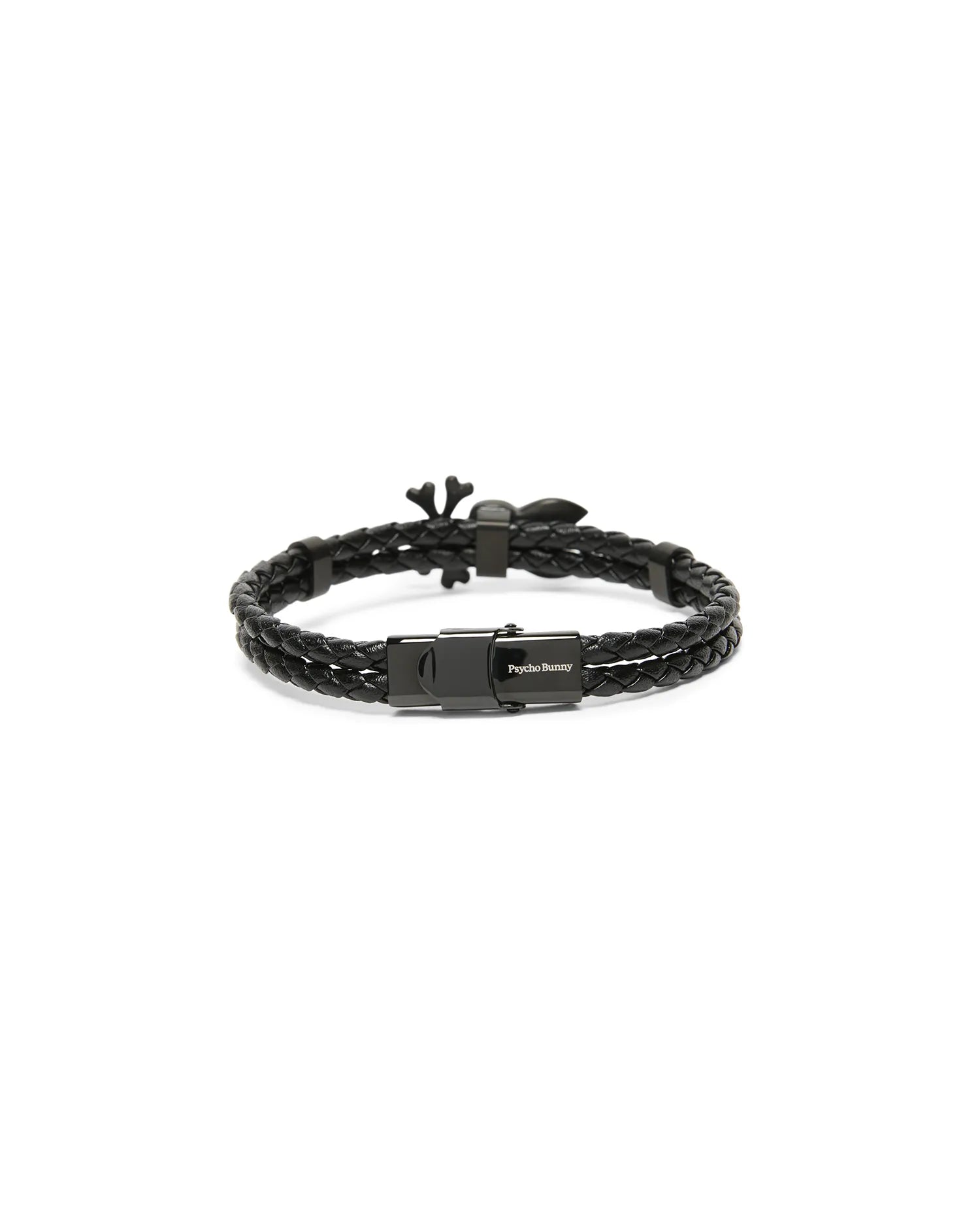 Mens Braided Bunny Pu Bracelet, a black double-strand braided PU leather bracelet with a black metal clasp featuring the white Psycho Bunny text logo and a black bunny skull charm. (2)