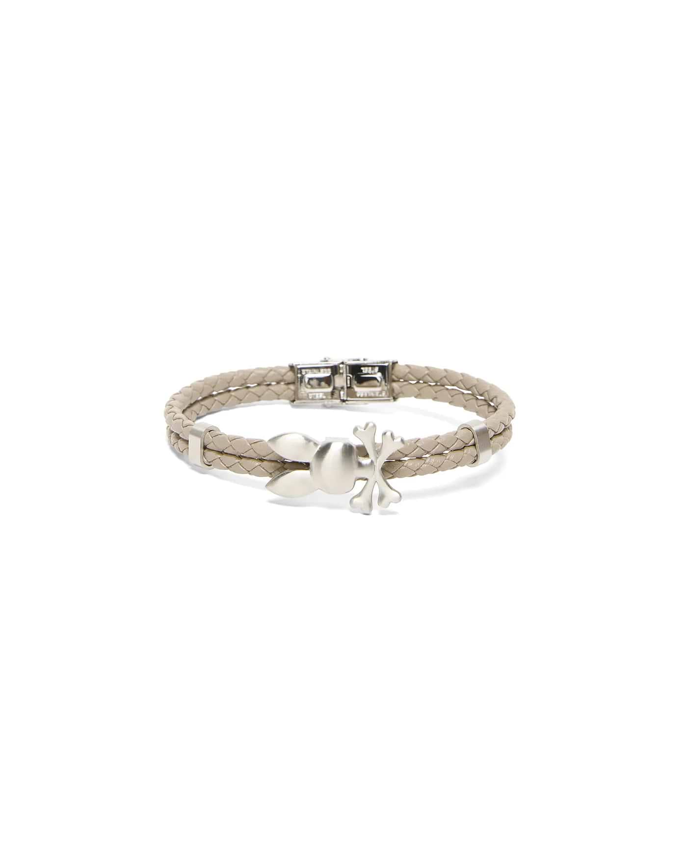 MENS BRAIDED BUNNY PU BRACELET featuring a light taupe braided strap, a central brushed silver Psycho Bunny skull charm, and a secure silver metal clasp. (1)