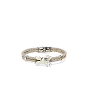 MENS BRAIDED BUNNY PU BRACELET featuring a light taupe braided strap, a central brushed silver Psycho Bunny skull charm, and a secure silver metal clasp. (1)