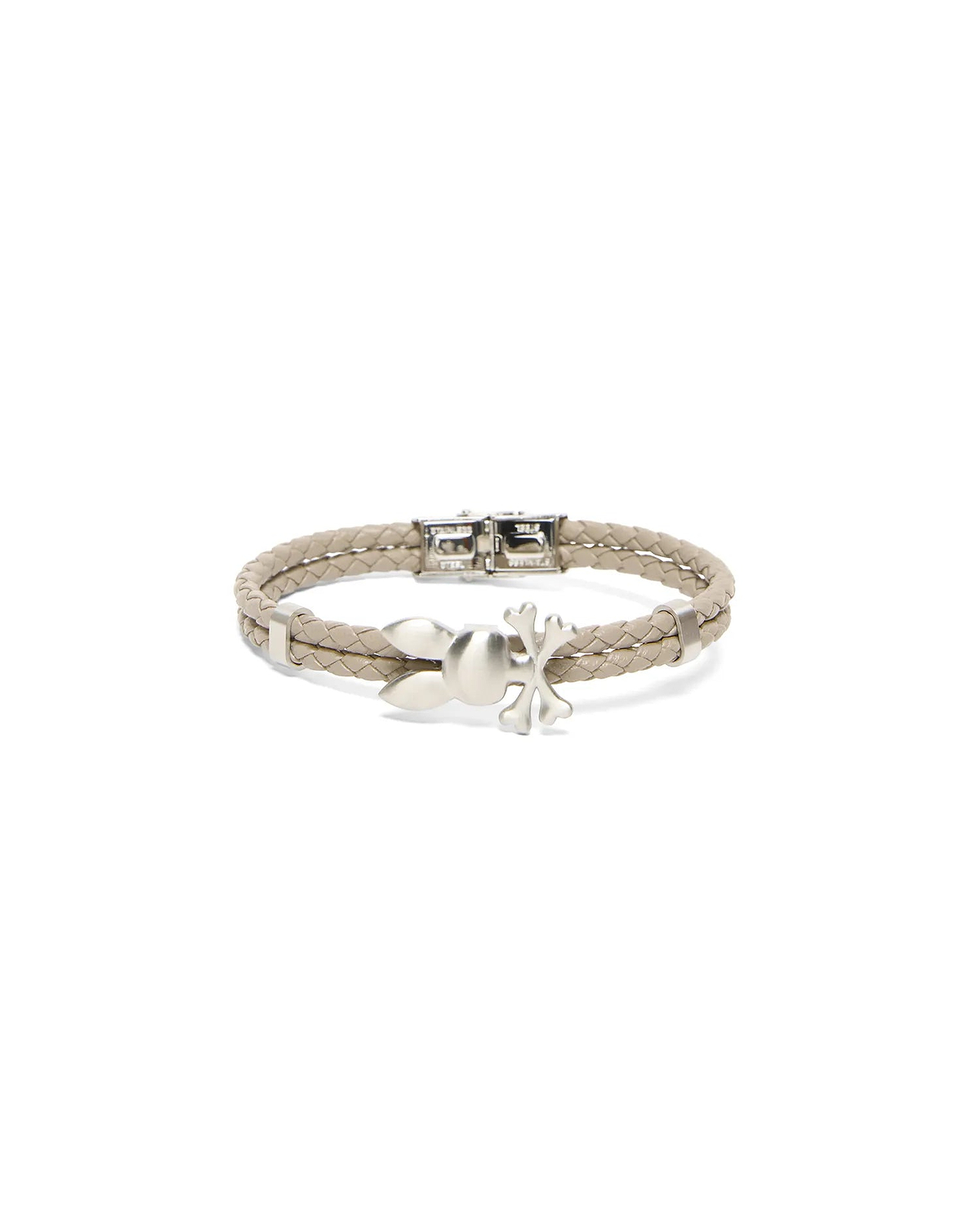 MENS BRAIDED BUNNY PU BRACELET featuring a light taupe braided strap, a central brushed silver Psycho Bunny skull charm, and a secure silver metal clasp. (1)