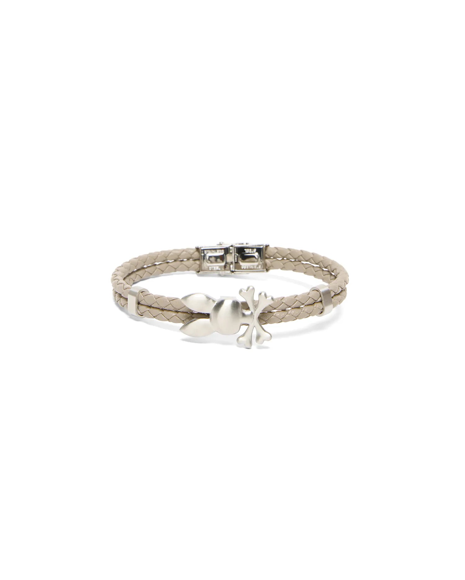 MENS BRAIDED BUNNY PU BRACELET featuring a light taupe braided strap, a central brushed silver Psycho Bunny skull charm, and a secure silver metal clasp. (1)