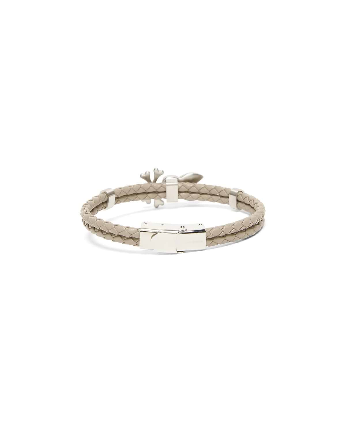 Mens Braided Bunny Pu Bracelet featuring a double-strand light beige braided PU band, silver-toned metal clasp, and a small silver Psycho Bunny skull charm. (2)