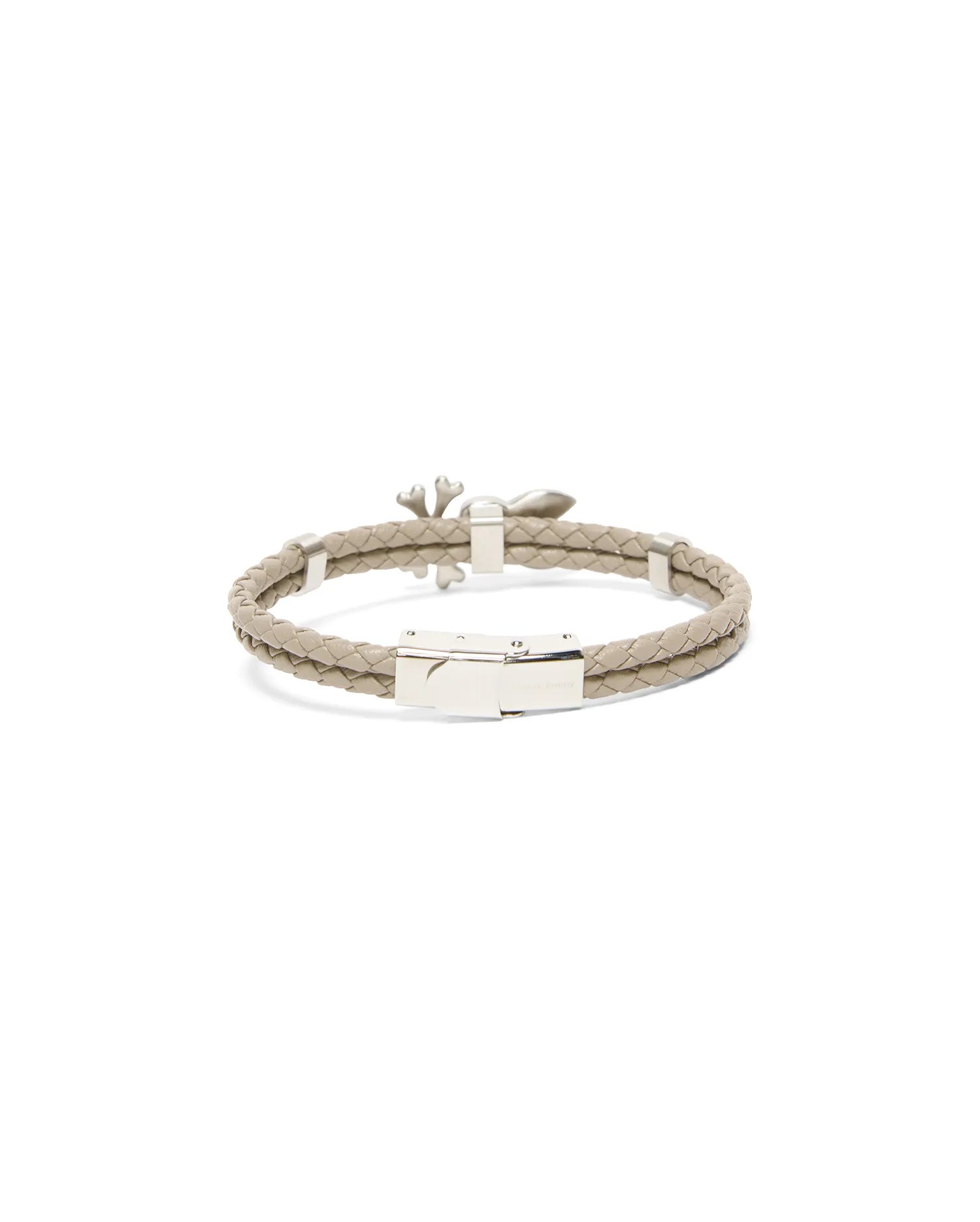 Mens Braided Bunny Pu Bracelet featuring a double-strand light beige braided PU band, silver-toned metal clasp, and a small silver Psycho Bunny skull charm. (2)