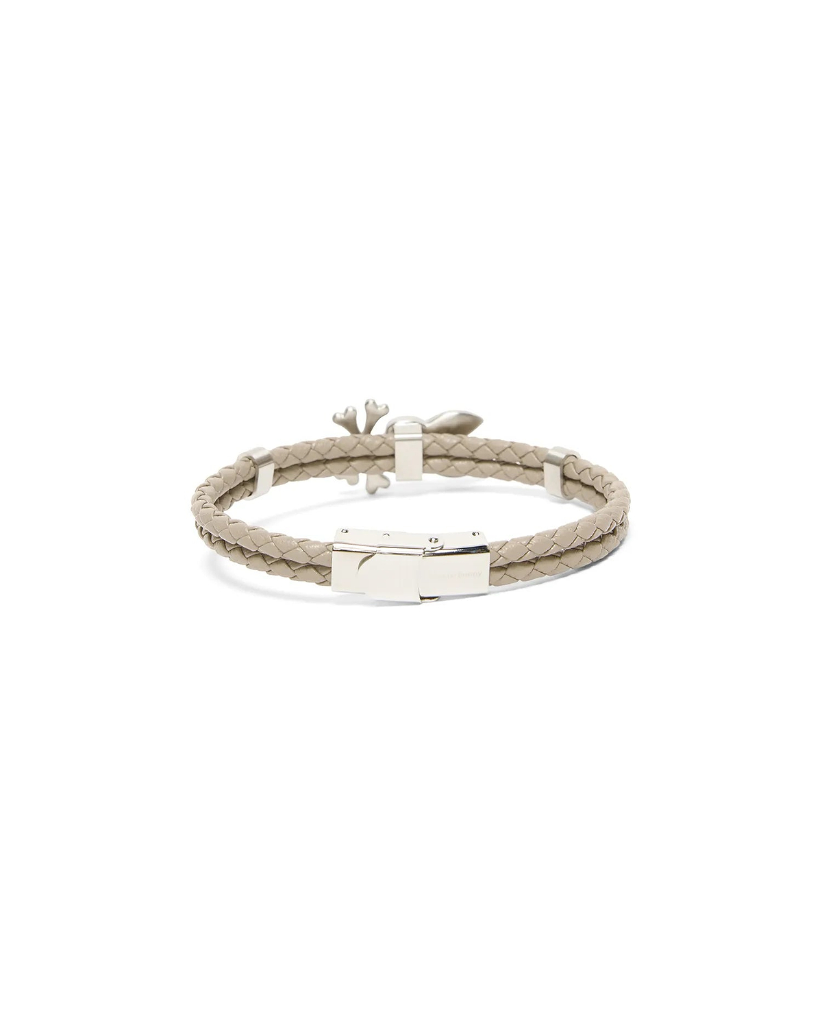 Mens Braided Bunny Pu Bracelet featuring a double-strand light beige braided PU band, silver-toned metal clasp, and a small silver Psycho Bunny skull charm. (2)