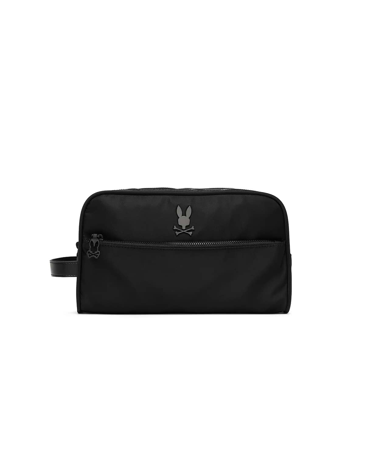 Black Mens Nylon Dopp Kit with a smooth nylon texture, featuring a prominent gunmetal Psycho Bunny skull logo on the front, a zippered front pocket, and a wrist strap with a smaller logo on the zipper pull. (4)
