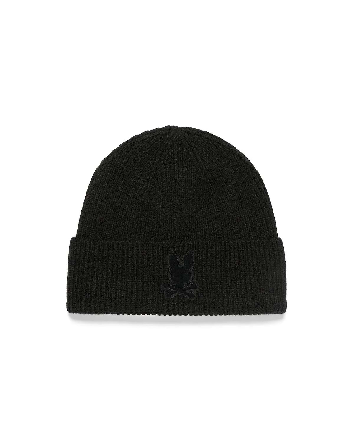 Men's Leighton Merino Beanie, a premium black rib-knit beanie with a folded cuff, showcasing a subtly embroidered, tonal black Psycho Bunny skull logo prominently on the front. (2)