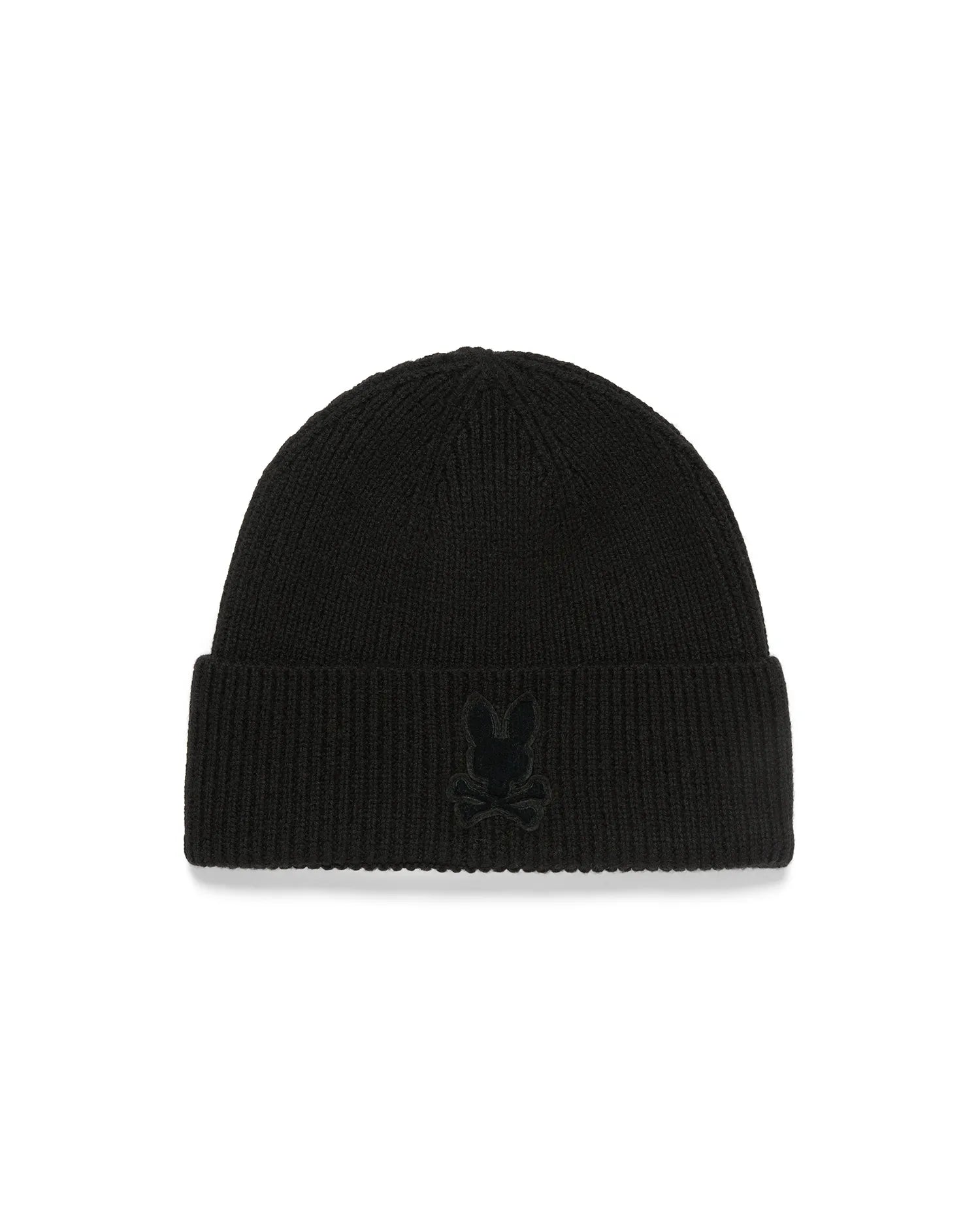 Men's Leighton Merino Beanie, a premium black rib-knit beanie with a folded cuff, showcasing a subtly embroidered, tonal black Psycho Bunny skull logo prominently on the front. (2)