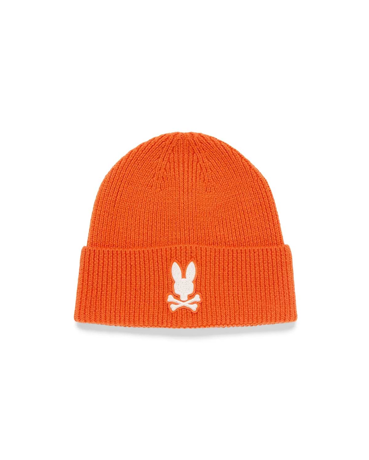 Vibrant orange Men's Leighton Merino Beanie with a rib-knit texture and a prominent embroidered white Psycho Bunny skull logo centered on the front cuff. (2)