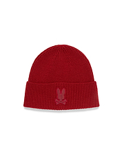 Men's Leighton Merino Beanie, a vibrant red ribbed knit beanie featuring a tonal embroidered Psycho Bunny skull logo on the front cuff. (2)