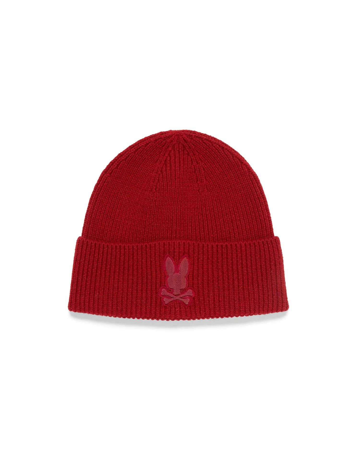 Men's Leighton Merino Beanie, a vibrant red ribbed knit beanie featuring a tonal embroidered Psycho Bunny skull logo on the front cuff. (2)