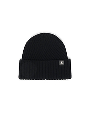 Black Mens Brogan Beanie, a premium ribbed knit beanie featuring a classic folded cuff and a distinctive small white Psycho Bunny skull logo patch on the front.