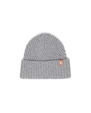 Mens Brogan Beanie, a grey ribbed knit beanie with a classic fit and a folded cuff, featuring a small brown leather-like patch on the front cuff with the iconic white Psycho Bunny skull logo.