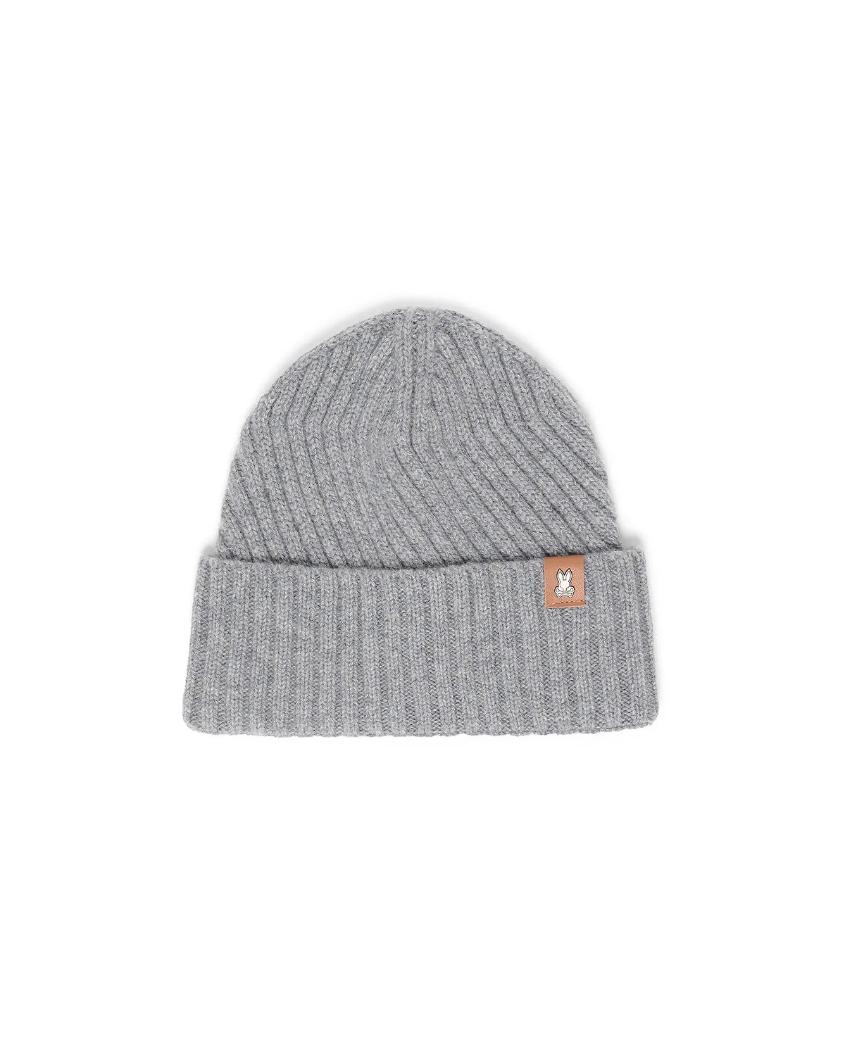 Mens Brogan Beanie, a grey ribbed knit beanie with a classic fit and a folded cuff, featuring a small brown leather-like patch on the front cuff with the iconic white Psycho Bunny skull logo.