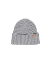 Mens Brogan Beanie, a grey ribbed knit beanie with a classic fit and a folded cuff, featuring a small brown leather-like patch on the front cuff with the iconic white Psycho Bunny skull logo.