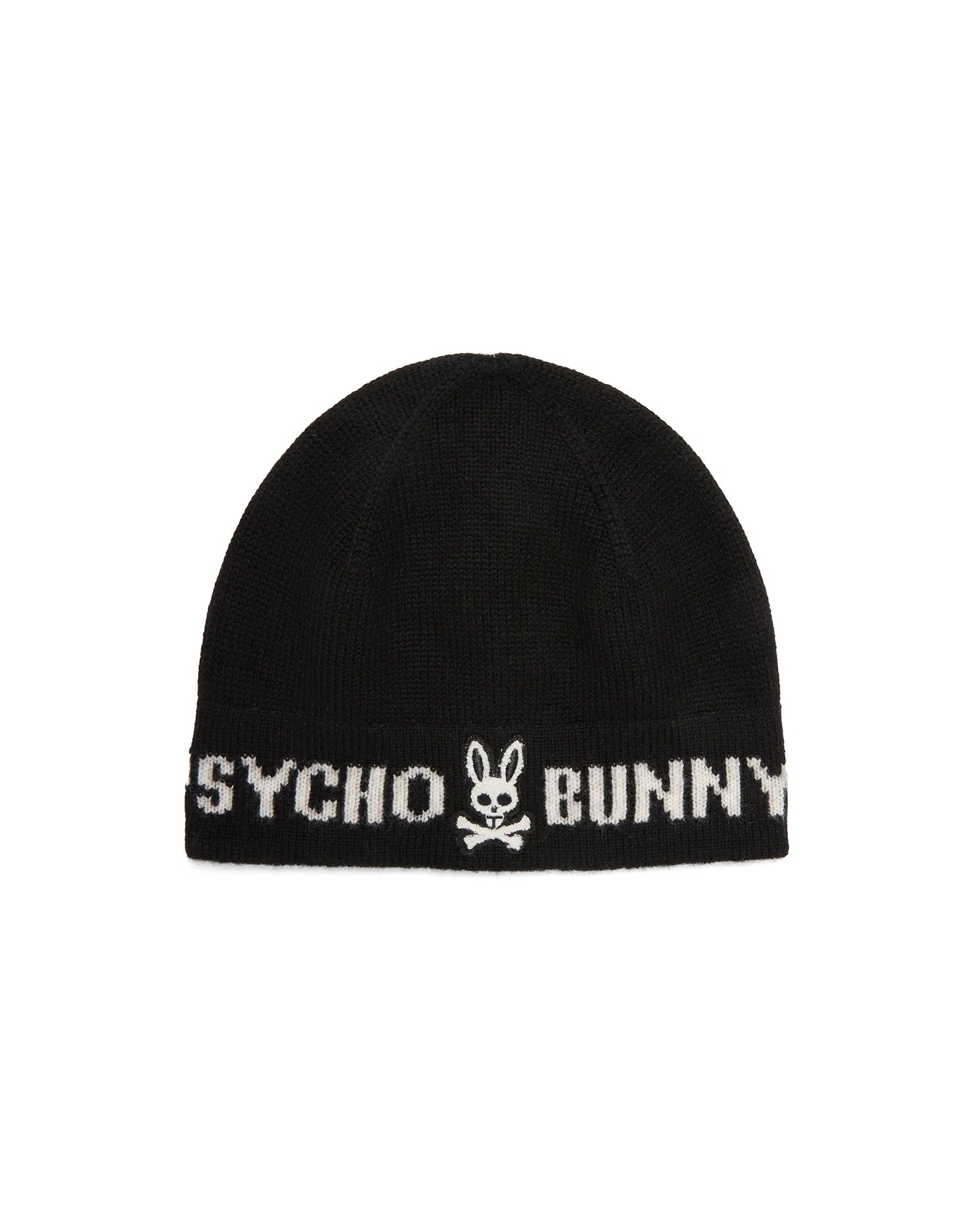 Black knitted Mens Eugene Wordmark Beanie with a ribbed cuff, featuring a large white Psycho Bunny wordmark and iconic bunny skull logo prominently displayed on the front.