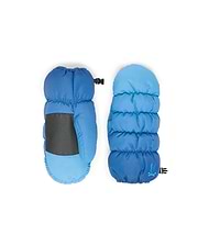 Men's Psycho Bunny Puffer Gloves in two-tone blue, featuring a padded design, dark grey textured palm grip, elasticated cuffs, and an embroidered light blue bunny skull logo. (1)
