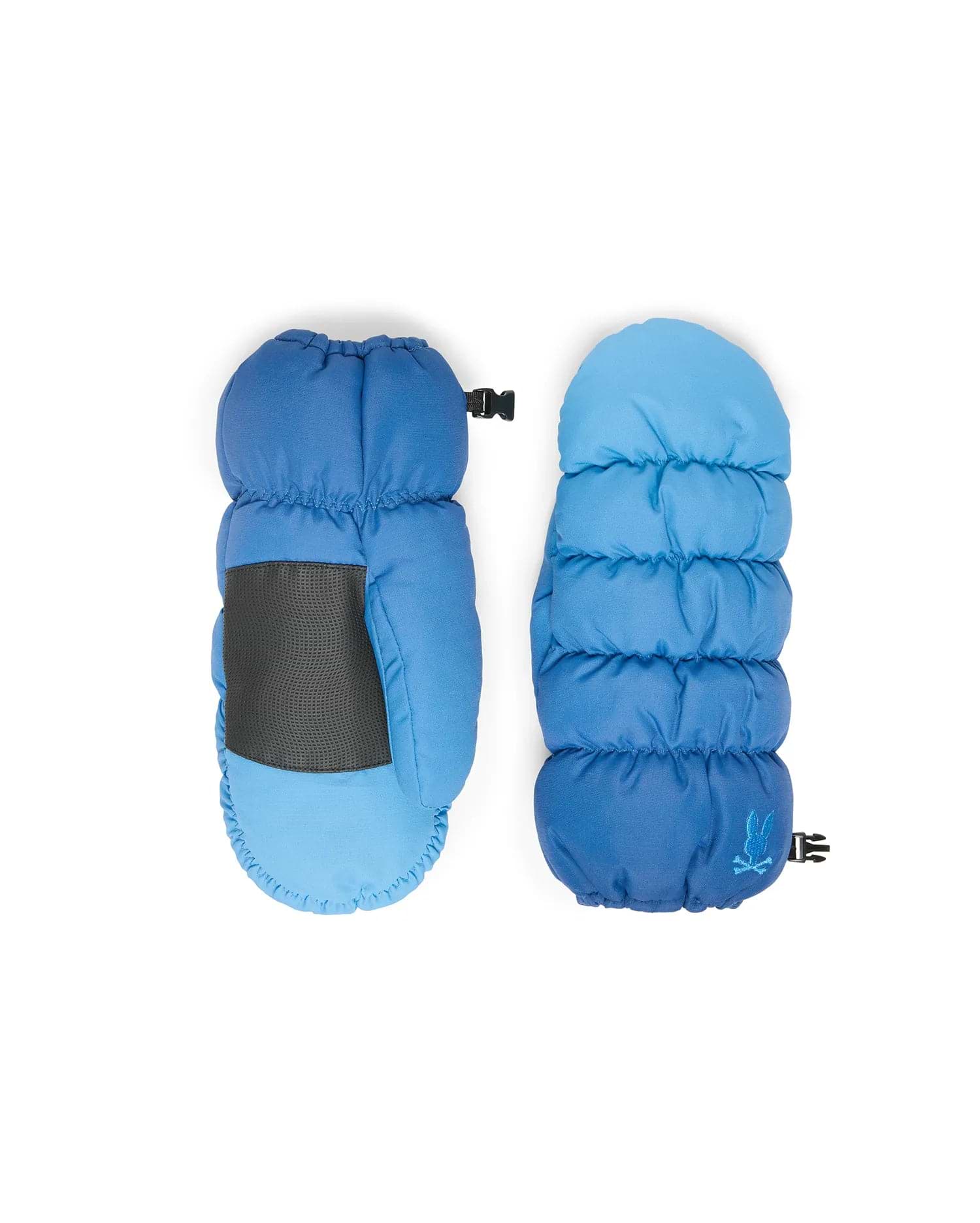 Men's Psycho Bunny Puffer Gloves in two-tone blue, featuring a padded design, dark grey textured palm grip, elasticated cuffs, and an embroidered light blue bunny skull logo. (1)
