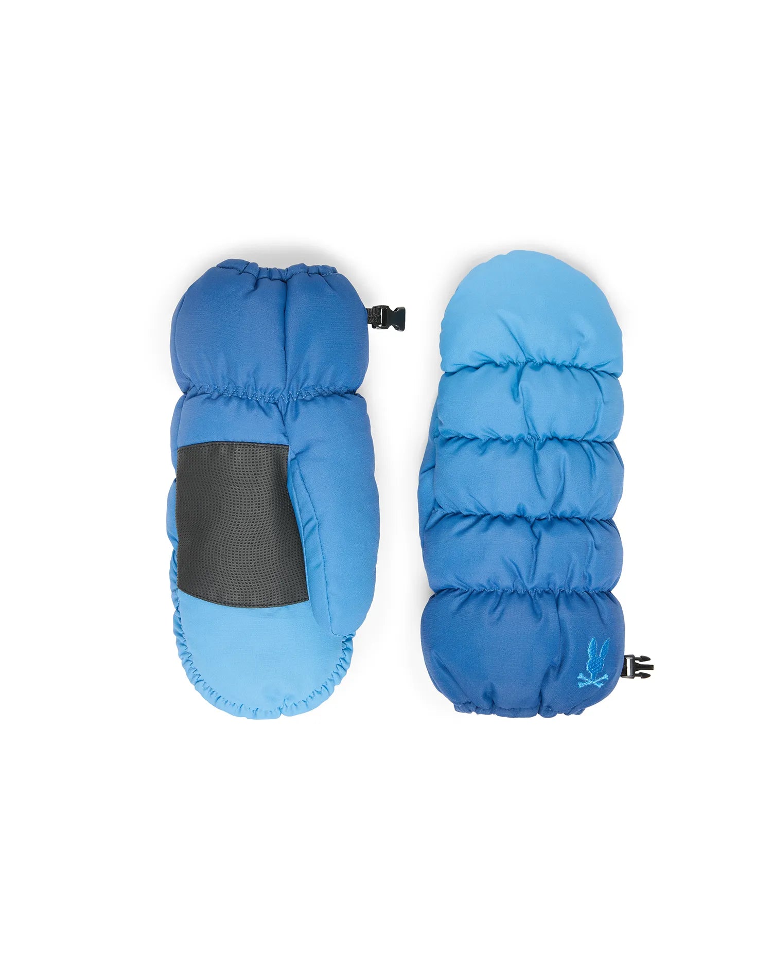 Men's Psycho Bunny Puffer Gloves in two-tone blue, featuring a padded design, dark grey textured palm grip, elasticated cuffs, and an embroidered light blue bunny skull logo. (1)