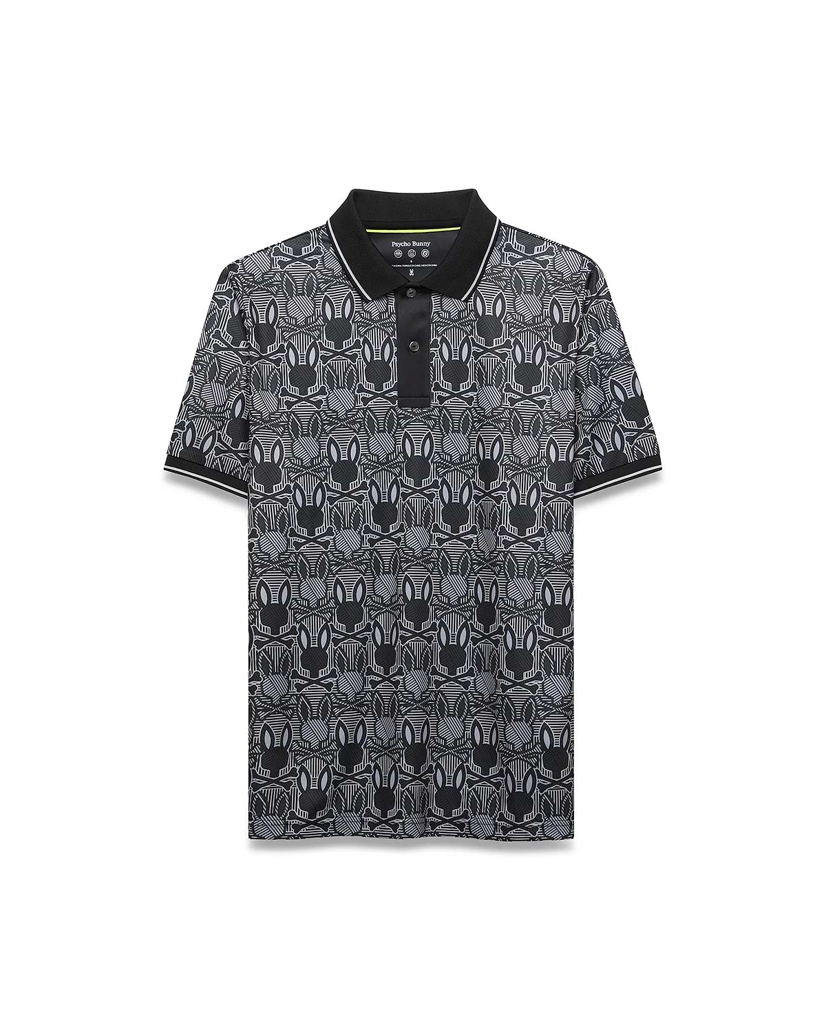 Mens Reeves All Over Bunny Sport Polo, a black classic fit pique polo with an all-over white and grey striped Psycho Bunny skull and crossbones pattern, solid black collar, white tipping.
