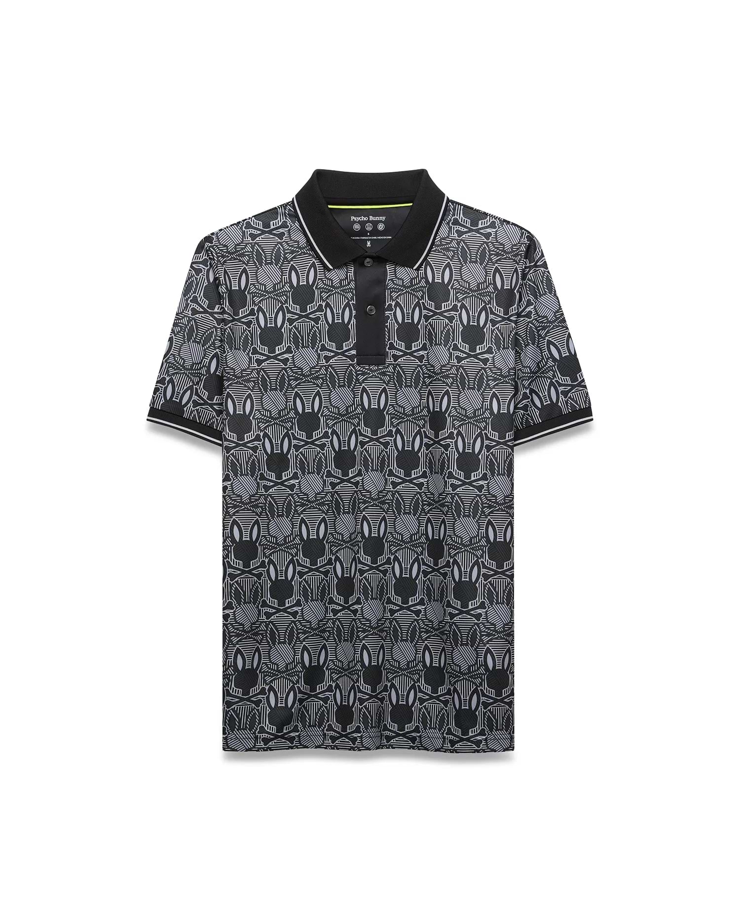 Mens Reeves All Over Bunny Sport Polo, a black classic fit pique polo with an all-over white and grey striped Psycho Bunny skull and crossbones pattern, solid black collar, white tipping.