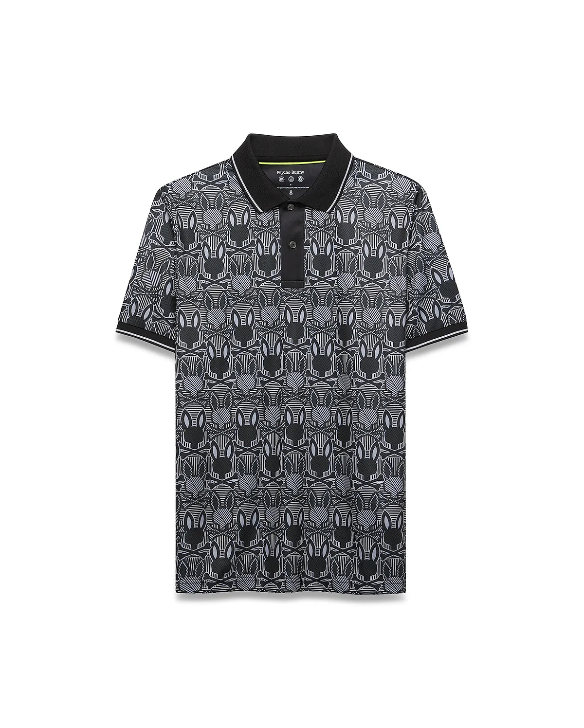 Mens Reeves All Over Bunny Sport Polo, a black classic fit pique polo with an all-over white and grey striped Psycho Bunny skull and crossbones pattern, solid black collar, white tipping.