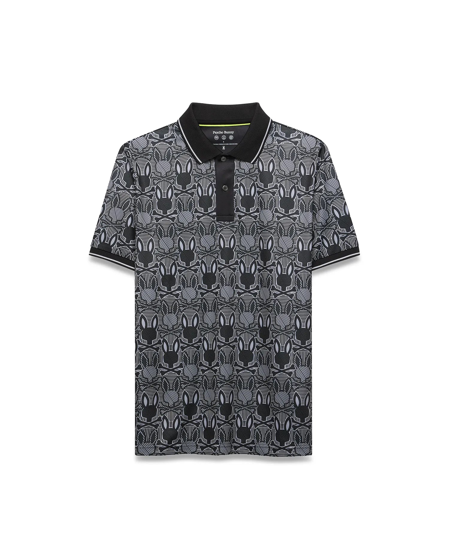 Mens Reeves All Over Bunny Sport Polo, a black classic fit pique polo with an all-over white and grey striped Psycho Bunny skull and crossbones pattern, solid black collar, white tipping.