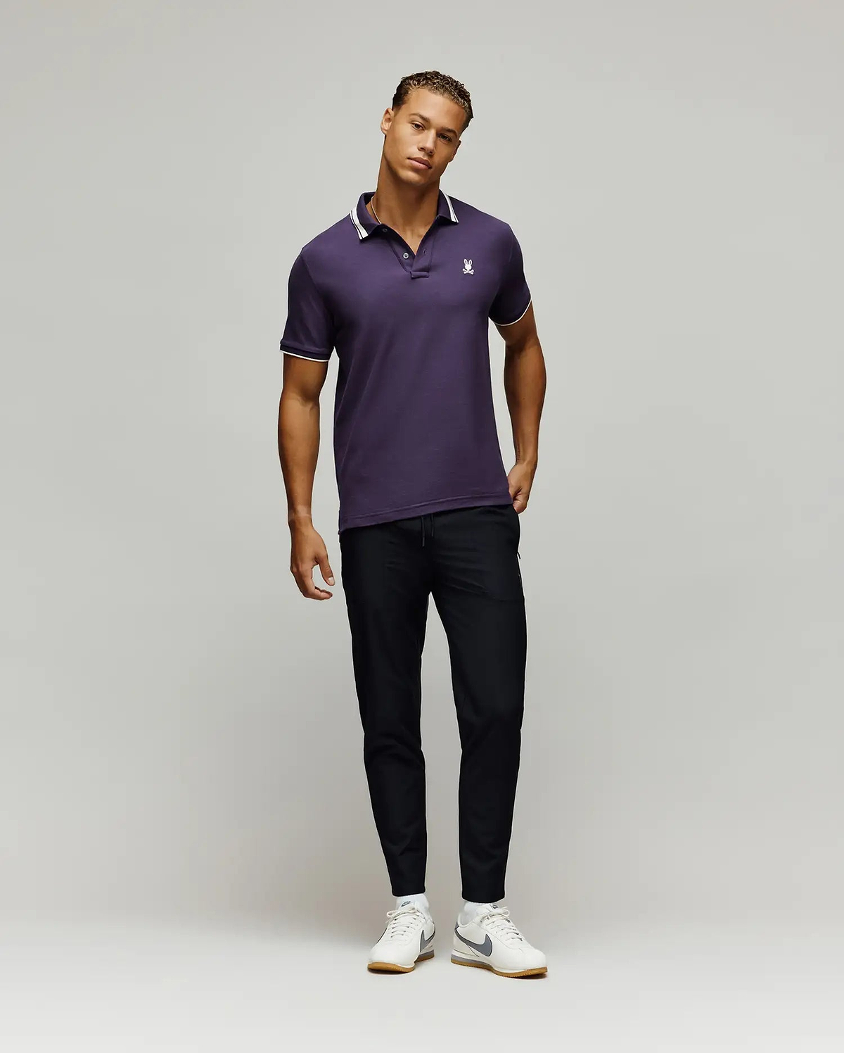 Men's Indigo Textured Collar Pique Polo in Purple | Psycho Bunny