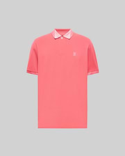 Vibrant coral jersey Mens Onyx Sport Polo with a classic fit, two-button placket, light pink contrast collar lining, and a tonal embroidered Psycho Bunny skull logo on the left chest.