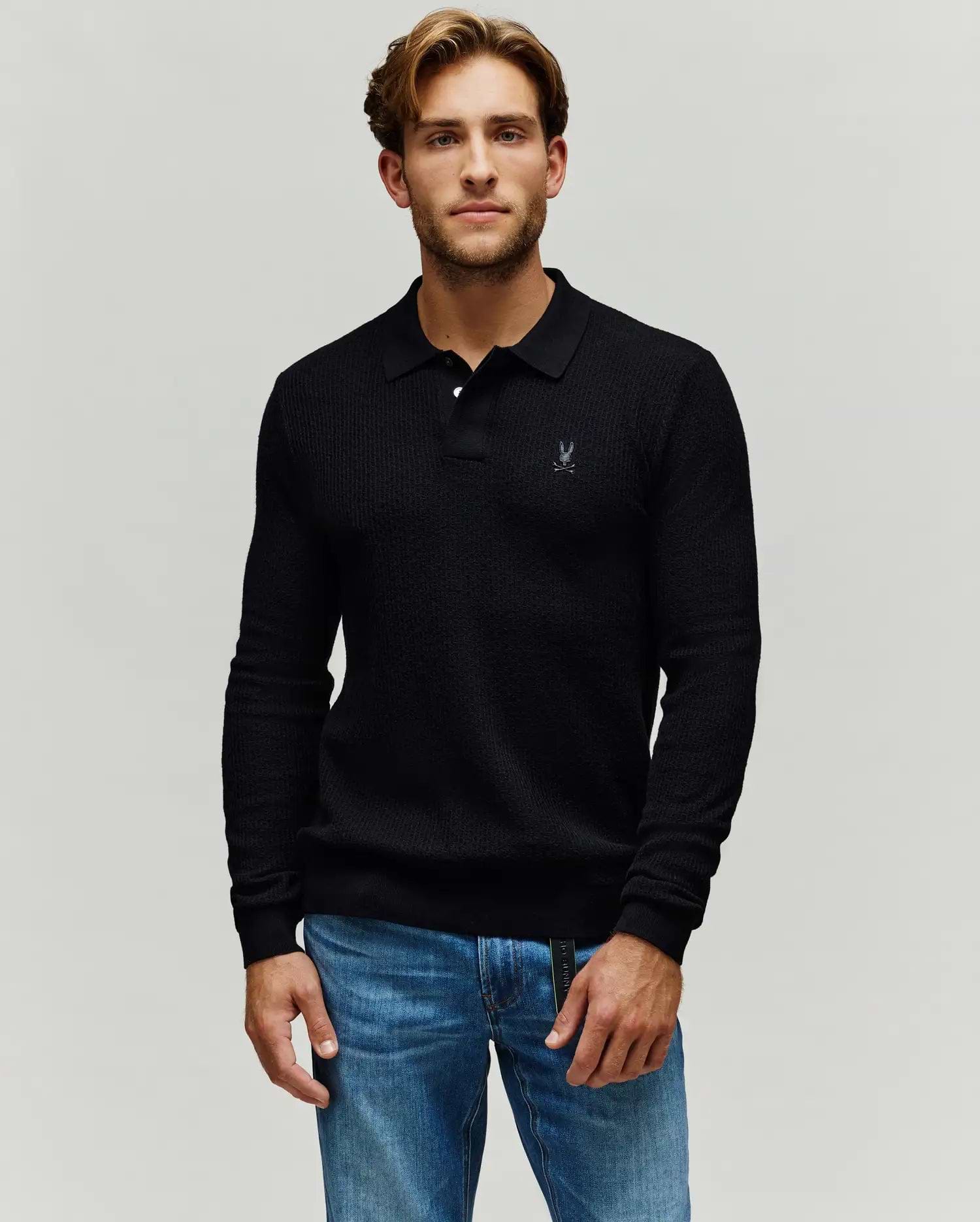 Men's Roman Long Sleeve Knit Polo in Black | Psycho Bunny
