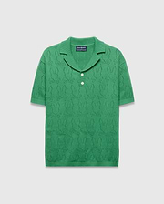 Mens Harold Pointelle All Over Bunny Knit Polo in vibrant green, featuring a relaxed fit, short sleeves, a spread collar, two white buttons, and an all-over pointelle bunny skull pattern.