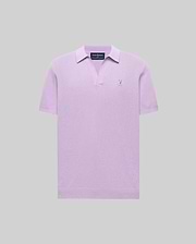 Mens Devon Knit Polo in lavender, featuring a textured knit fabric, open V-neck collar, and a small embroidered Psycho Bunny skull logo on the left chest.