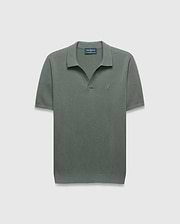 Mens Devon Knit Polo in sage green, a classic fit with textured knit fabric, open collar, and a small tonal embroidered Psycho Bunny skull logo on the left chest.