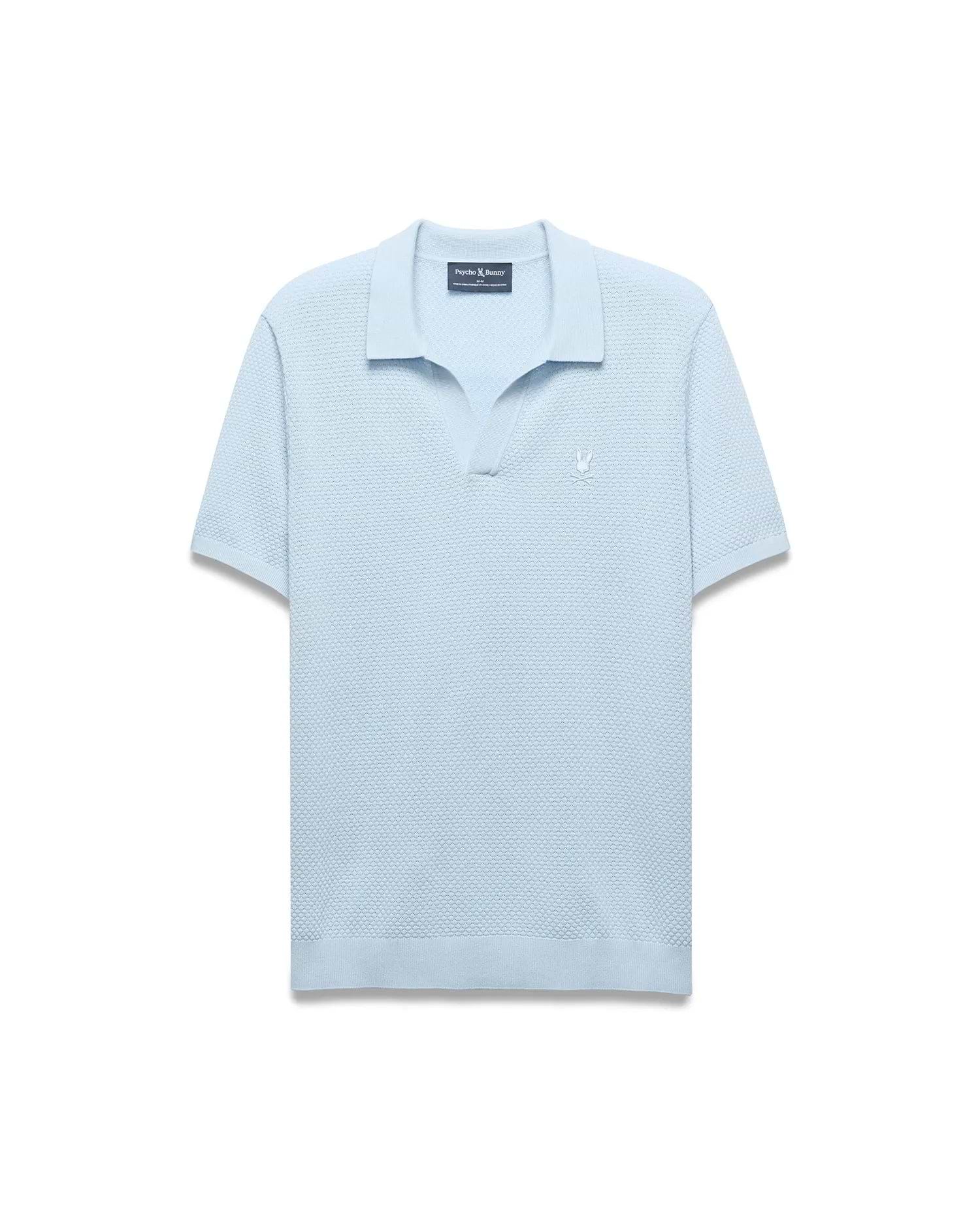 Mens Devon Bubble Stitch Knit Polo, light blue, featuring a classic fit and unique bubble stitch knit texture, with a small embroidered white Psycho Bunny skull logo on the left chest.