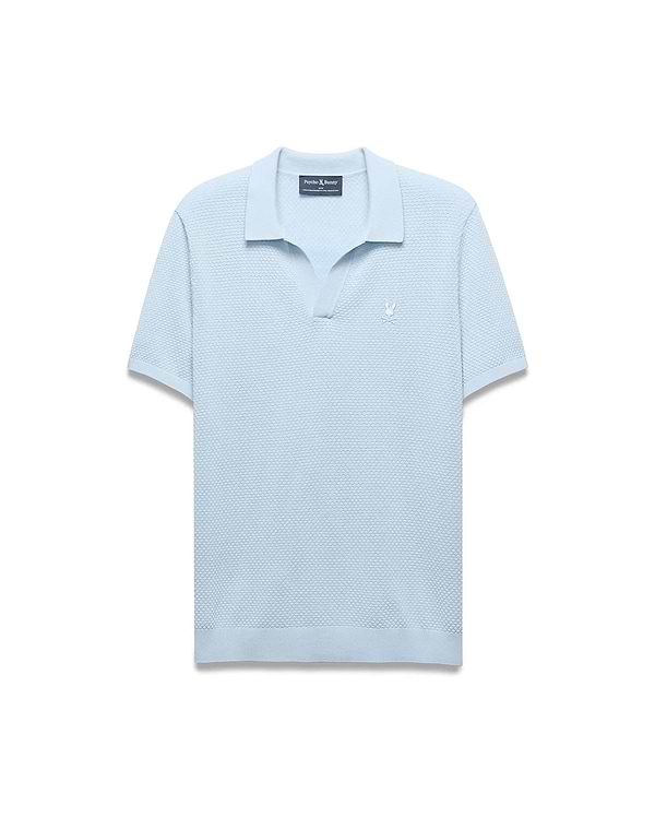 Mens Devon Bubble Stitch Knit Polo, light blue, featuring a classic fit and unique bubble stitch knit texture, with a small embroidered white Psycho Bunny skull logo on the left chest.
