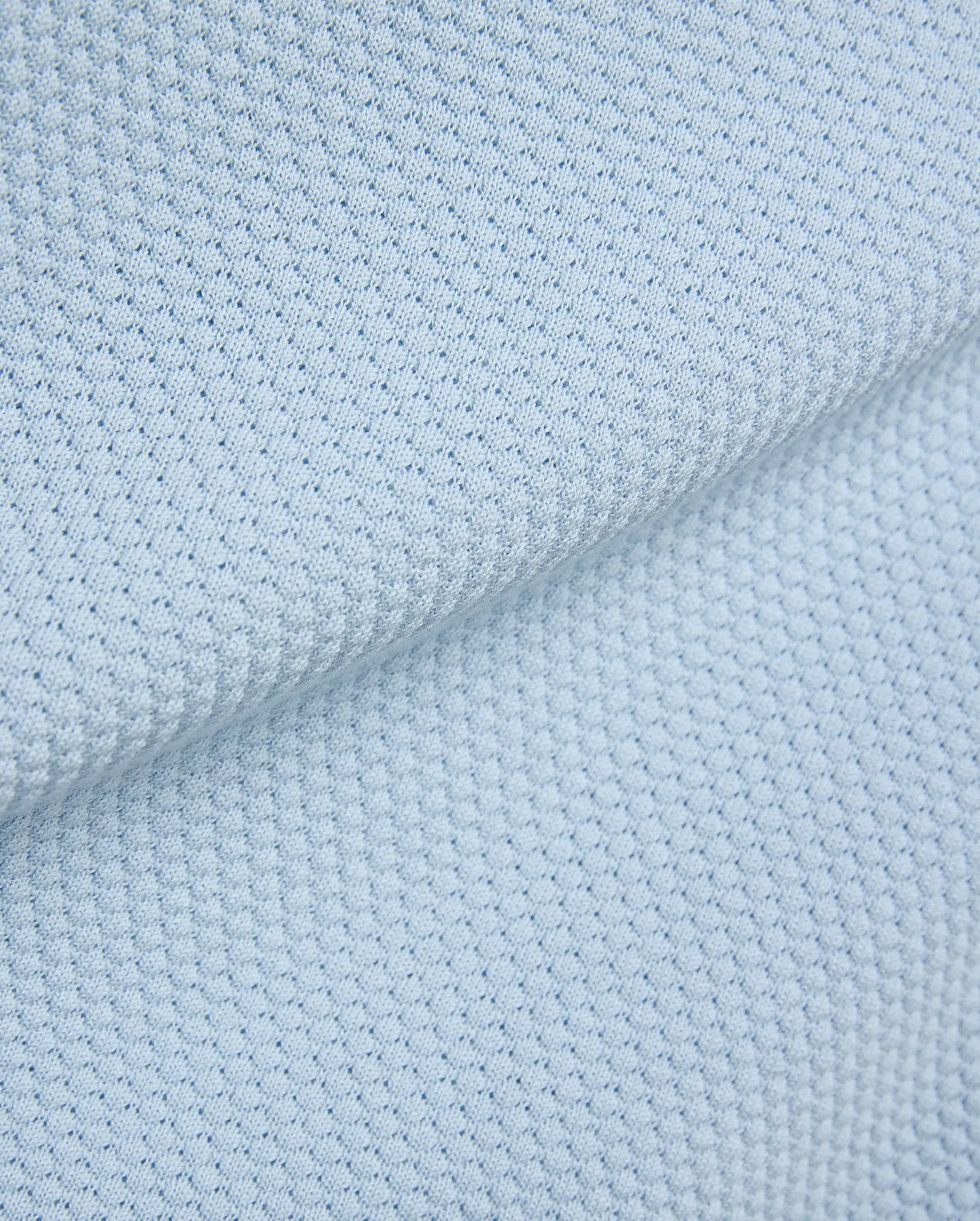 Light blue Mens Devon Bubble Stitch Knit Polo fabric, a premium menswear piece showcasing its unique, refined bubble stitch knit texture, perfect for sophisticated streetwear.