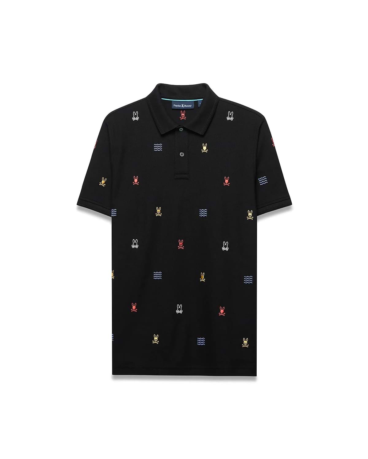 Mens Colin All-Over Pique Polo: Premium black classic fit pique polo with all-over embroidered multicolor Psycho Bunny skull logos and blue wave patterns.