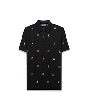 Mens Colin All-Over Pique Polo: Premium black classic fit pique polo with all-over embroidered multicolor Psycho Bunny skull logos and blue wave patterns.