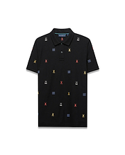 Mens Colin All-Over Pique Polo: Premium black classic fit pique polo with all-over embroidered multicolor Psycho Bunny skull logos and blue wave patterns.