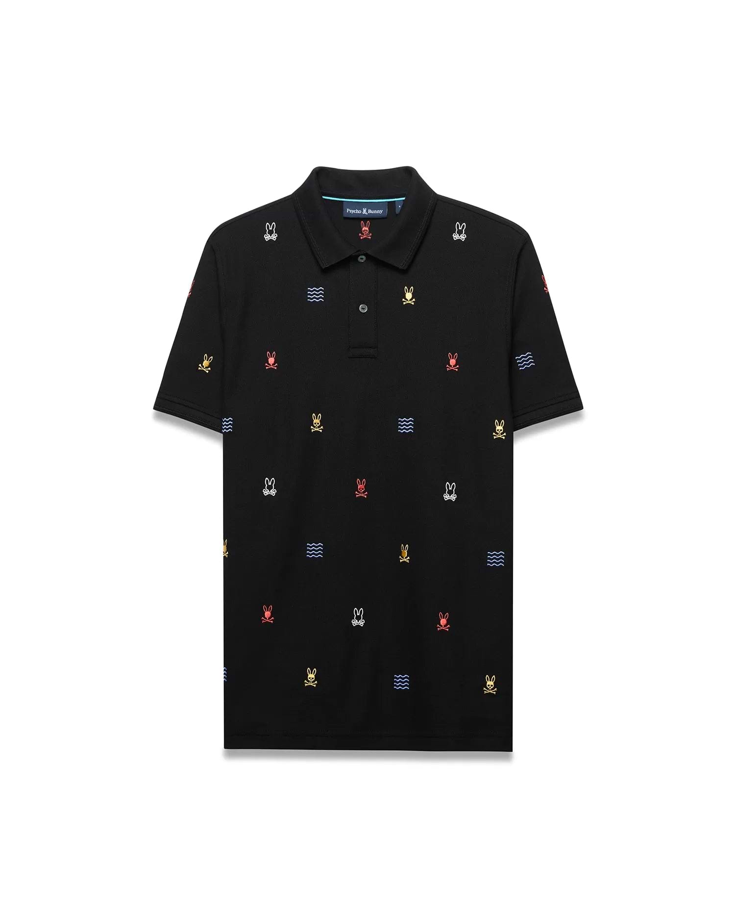 Mens Colin All-Over Pique Polo: Premium black classic fit pique polo with all-over embroidered multicolor Psycho Bunny skull logos and blue wave patterns.