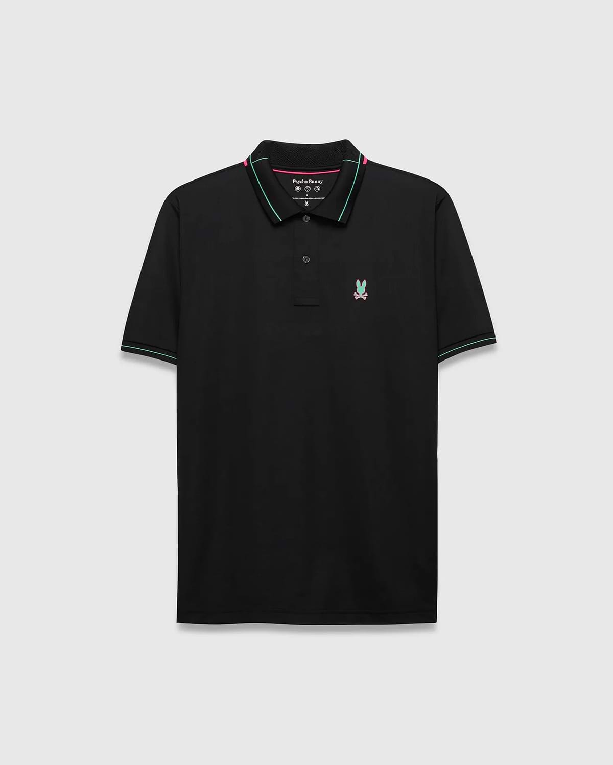 Mens Edwin Sport Polo, black with pink and teal striped collar and cuffs, featuring a small embroidered pink and teal Psycho Bunny skull logo on the left chest, classic fit, smooth performance fabric.