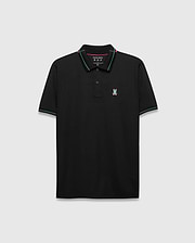 Mens Edwin Sport Polo, black with pink and teal striped collar and cuffs, featuring a small embroidered pink and teal Psycho Bunny skull logo on the left chest, classic fit, smooth performance fabric.