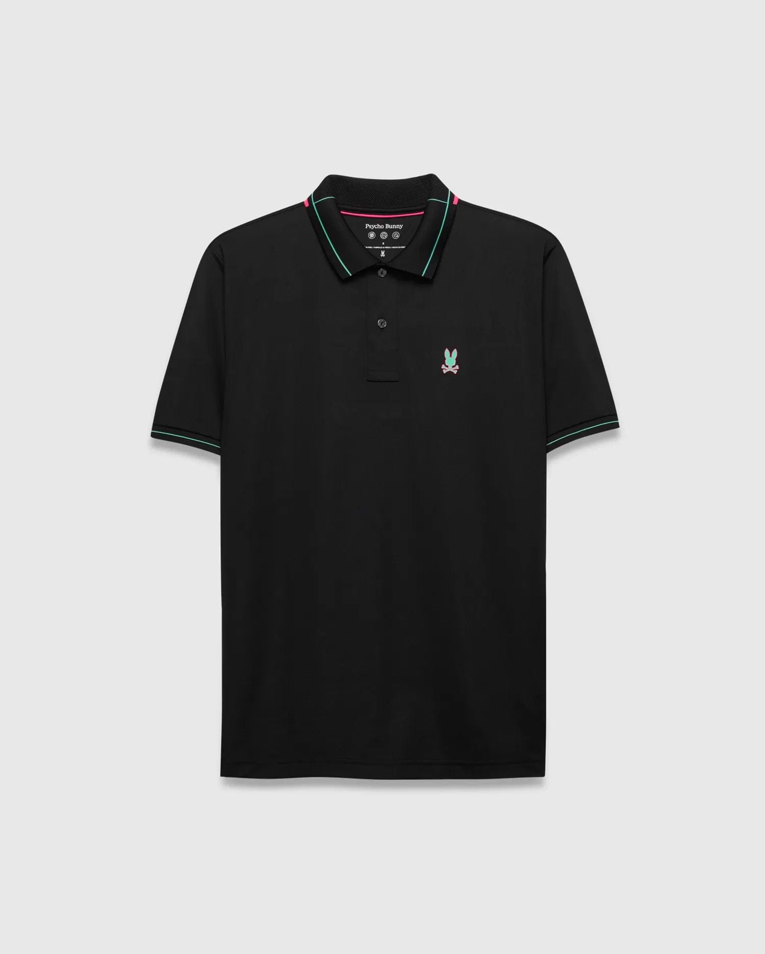 Mens Edwin Sport Polo, black with pink and teal striped collar and cuffs, featuring a small embroidered pink and teal Psycho Bunny skull logo on the left chest, classic fit, smooth performance fabric.