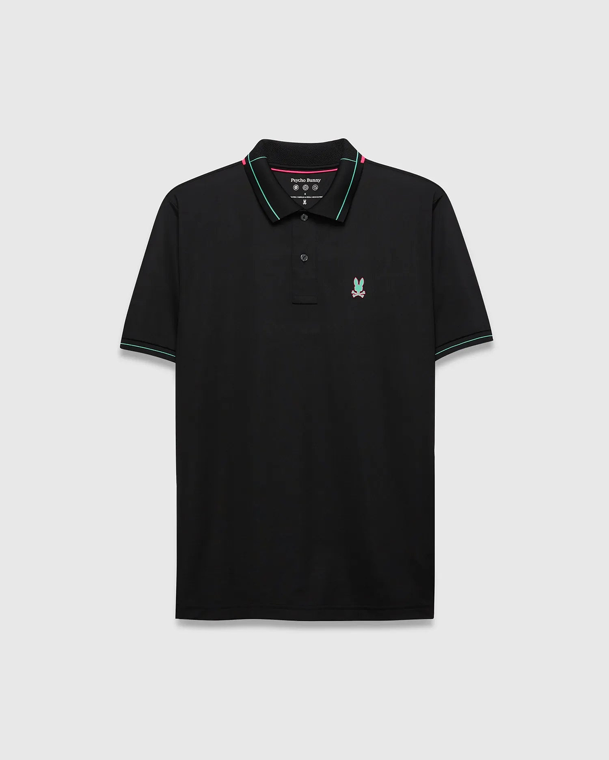 Mens Edwin Sport Polo, black with pink and teal striped collar and cuffs, featuring a small embroidered pink and teal Psycho Bunny skull logo on the left chest, classic fit, smooth performance fabric.