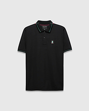 Mens Edwin Sport Polo, black with pink and teal striped collar and cuffs, featuring a small embroidered pink and teal Psycho Bunny skull logo on the left chest, classic fit, smooth performance fabric.