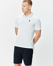 Mens Edwin Sport Polo, a classic fit white performance jersey polo with navy tipping on the collar and sleeve cuffs, featuring a small embroidered navy Psycho Bunny skull logo on the left chest.