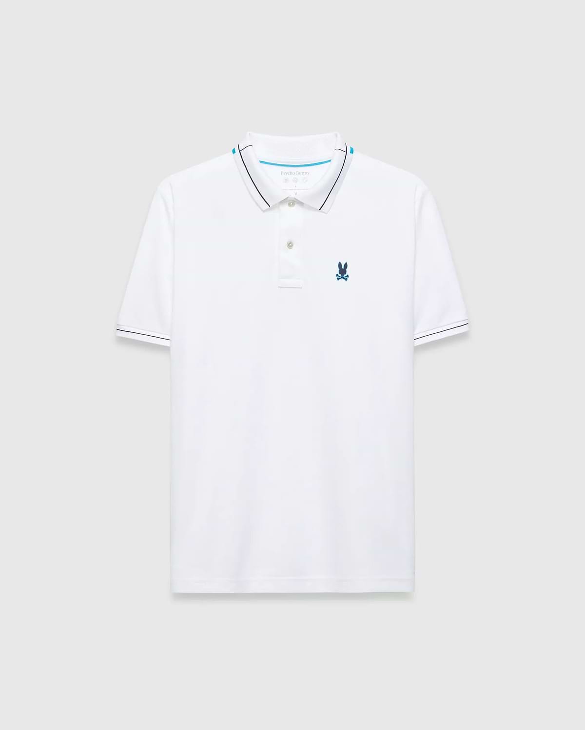 Mens Edwin Sport Polo, white pique knit, classic fit, with navy and light blue tipped collar and cuffs, featuring a small embroidered light blue Psycho Bunny skull logo on the left chest.