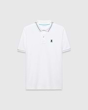 Mens Edwin Sport Polo, white pique knit, classic fit, with navy and light blue tipped collar and cuffs, featuring a small embroidered light blue Psycho Bunny skull logo on the left chest.