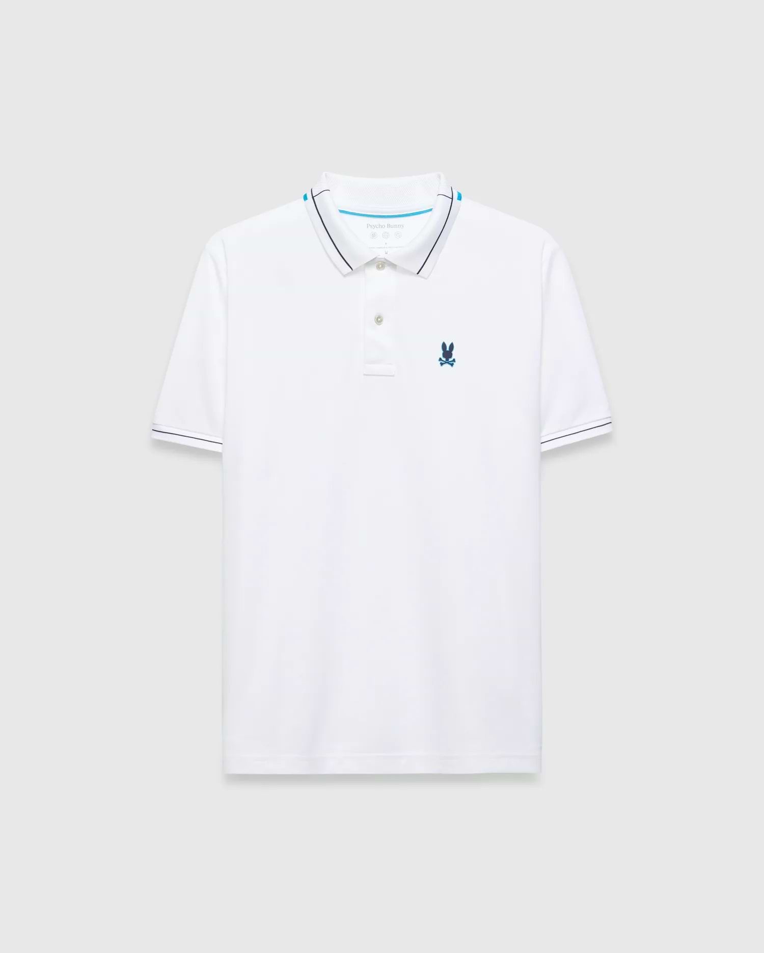 Mens Edwin Sport Polo, white pique knit, classic fit, with navy and light blue tipped collar and cuffs, featuring a small embroidered light blue Psycho Bunny skull logo on the left chest.